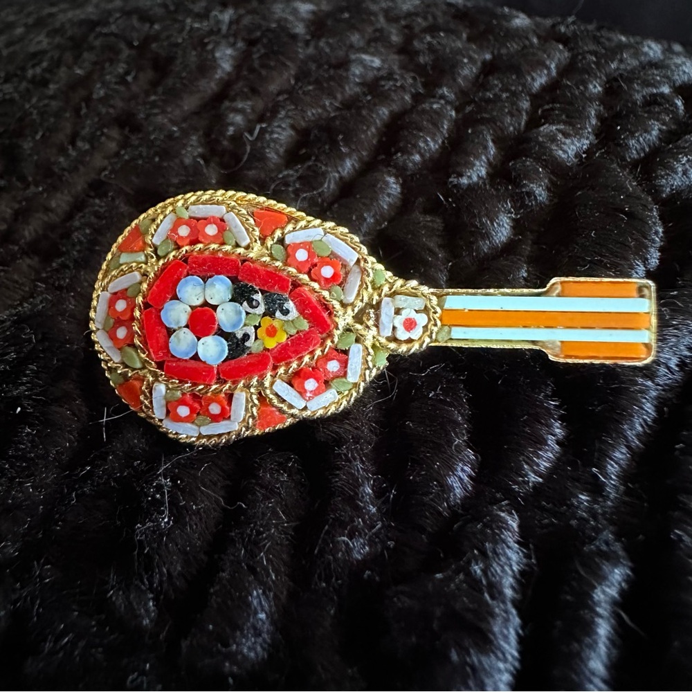 Vintage Micro Mosaic Mandolin Broach Pin - Picture 2 of 6